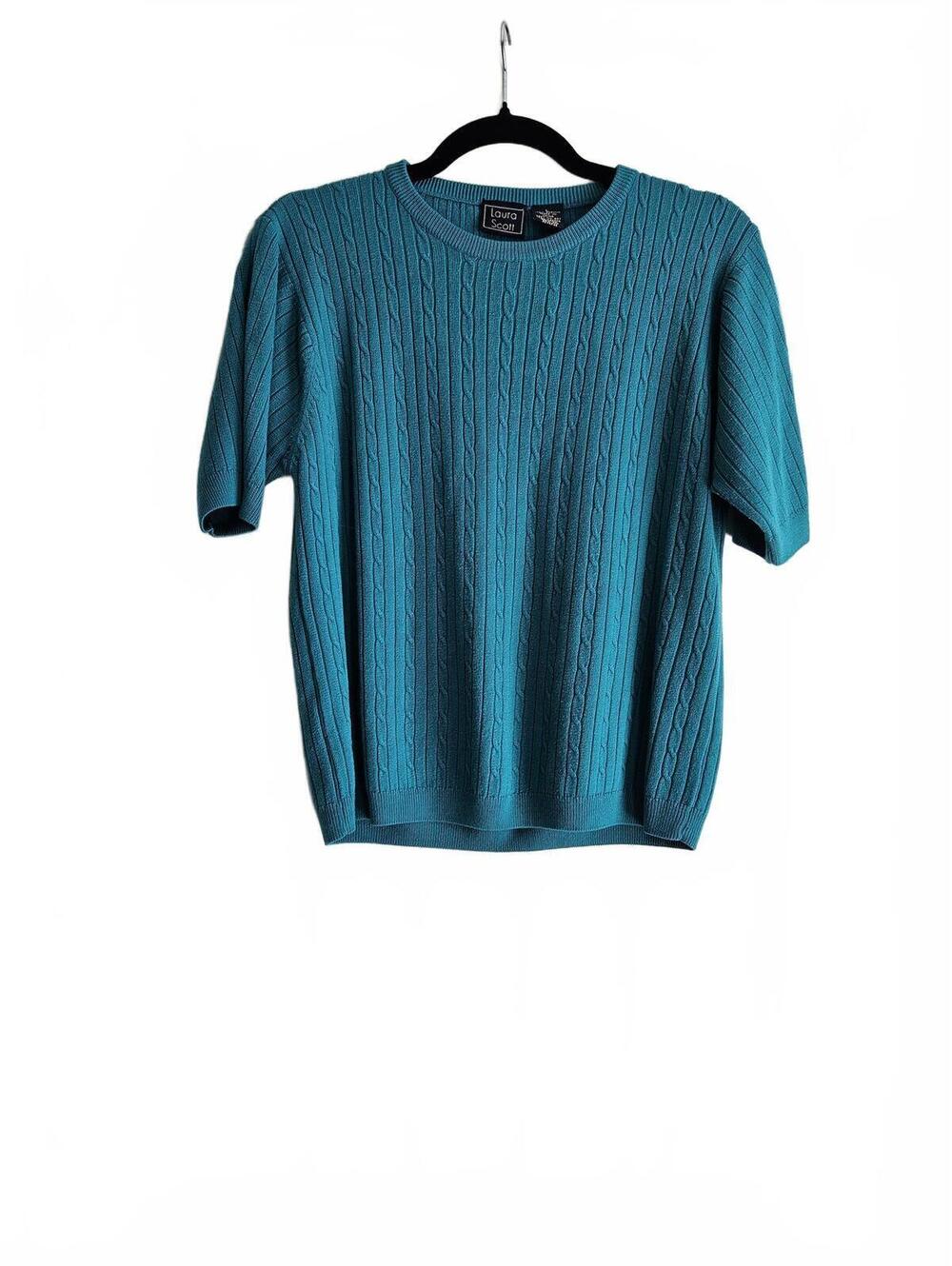 Laura Scott Teal Blue Short Sleeve Cable Knit Sweater Top Large #EUC